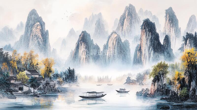 高清大图下载【趣麦麦图】金色山水壁画1