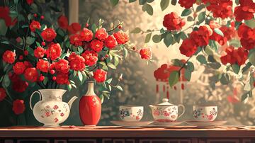 石榴花杯插画红果花卉