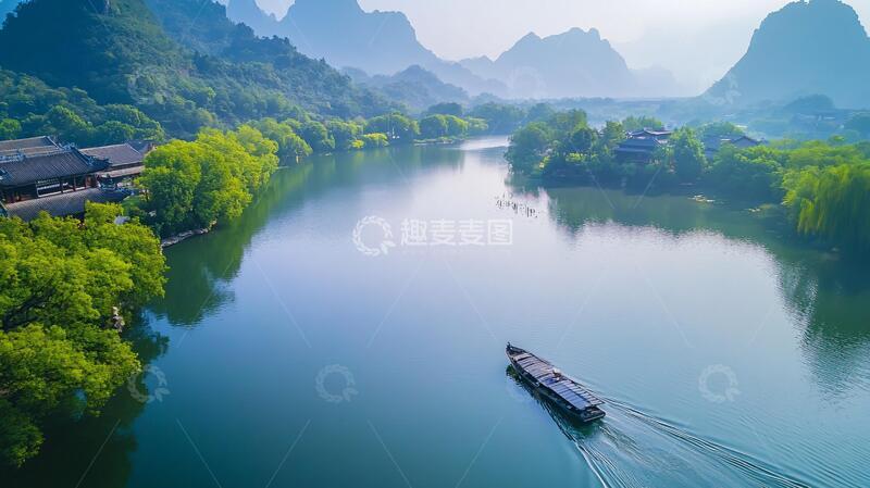 高清大图下载【趣麦麦图】航拍遇龙河航拍轻舟风光