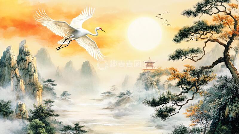 高清大图下载【趣麦麦图】仙鹤古风山水画4