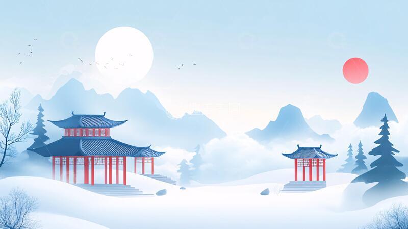 高清大图下载【趣麦麦图】雪景山水插画4