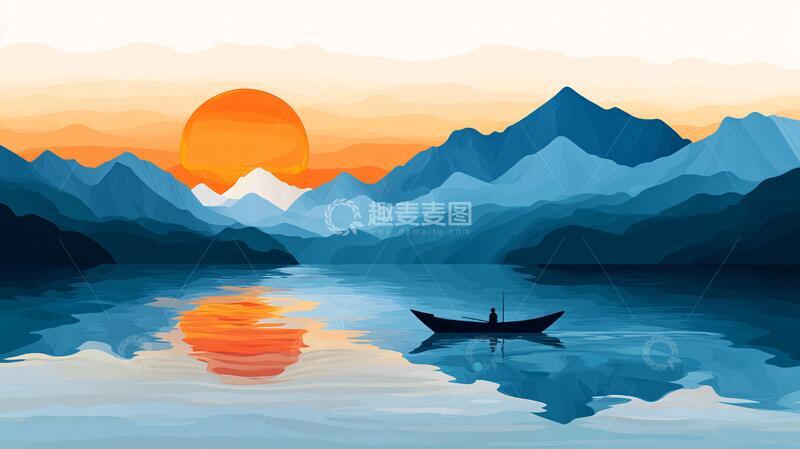 高清大图下载【趣麦麦图】山水行舟插画4