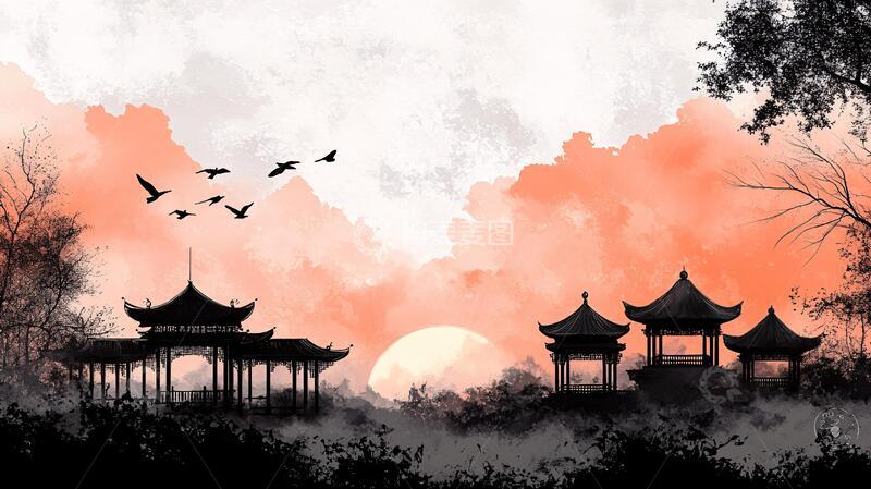 高清大图下载【趣麦麦图】仙鹤楼阁古风山水画12