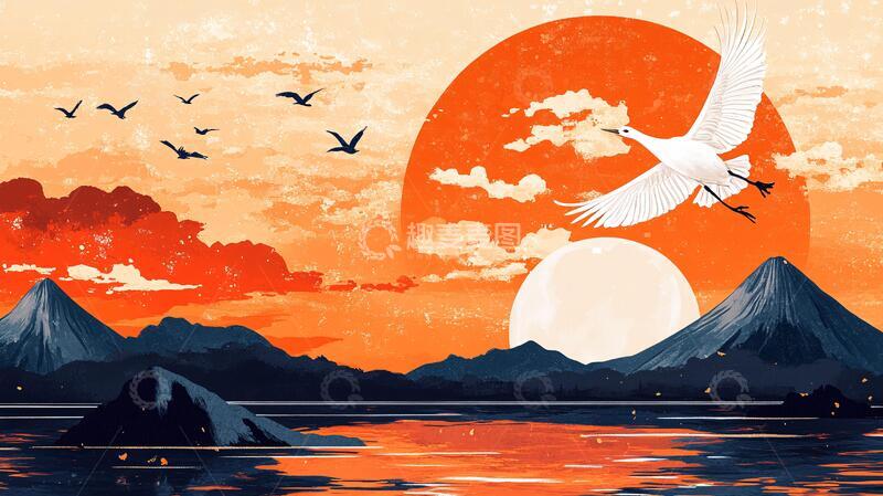 高清大图下载【趣麦麦图】旭日东升仙鹤插画9