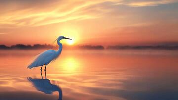 日出白鹭日落霞光仙鹤