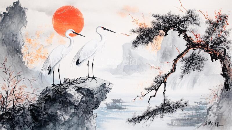 高清大图下载【趣麦麦图】仙鹤水墨山水画4
