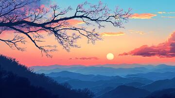 落日山水画插画落日意境