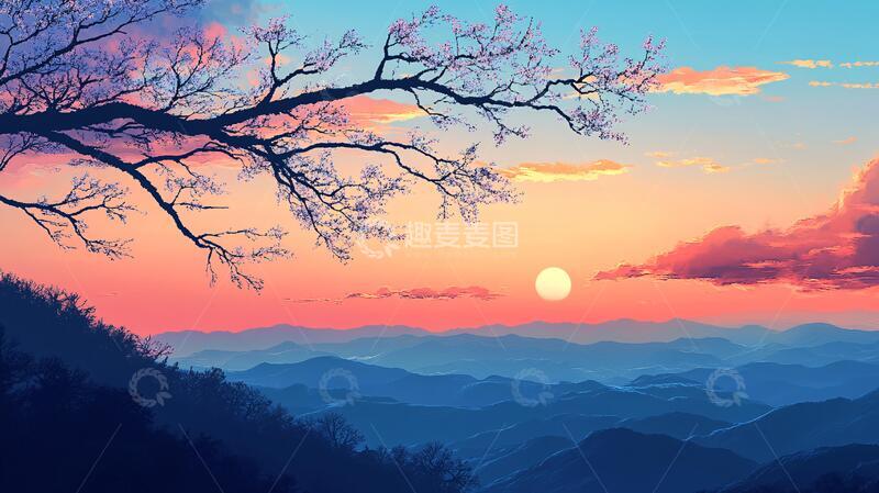 高清大图下载【趣麦麦图】落日山水画插画落日意境
