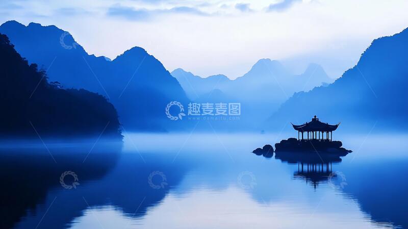 高清大图下载【趣麦麦图】水墨山水倒影禅境