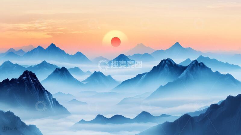 高清大图下载【趣麦麦图】红日水墨山水77