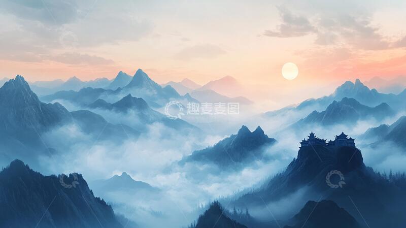 高清大图下载【趣麦麦图】红日水墨山水81