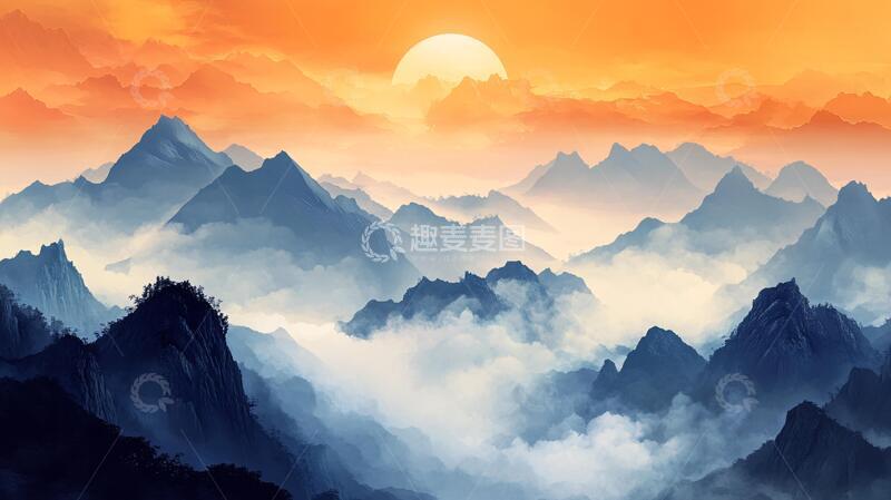 高清大图下载【趣麦麦图】红日水墨山水79