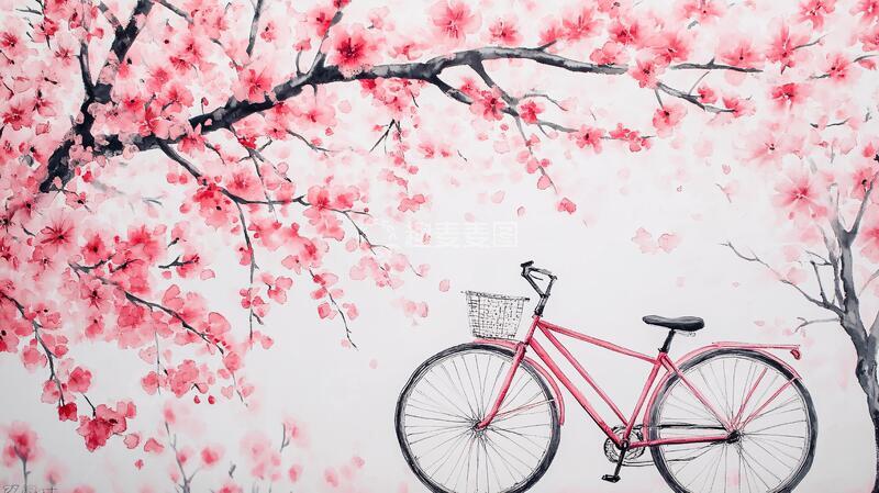 高清大图下载【趣麦麦图】骑行墙绘壁画壁纸樱花