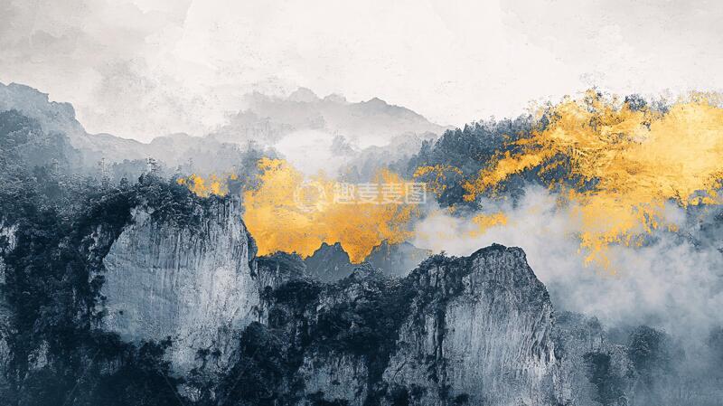 高清大图下载【趣麦麦图】水墨山峰烟雾装饰画