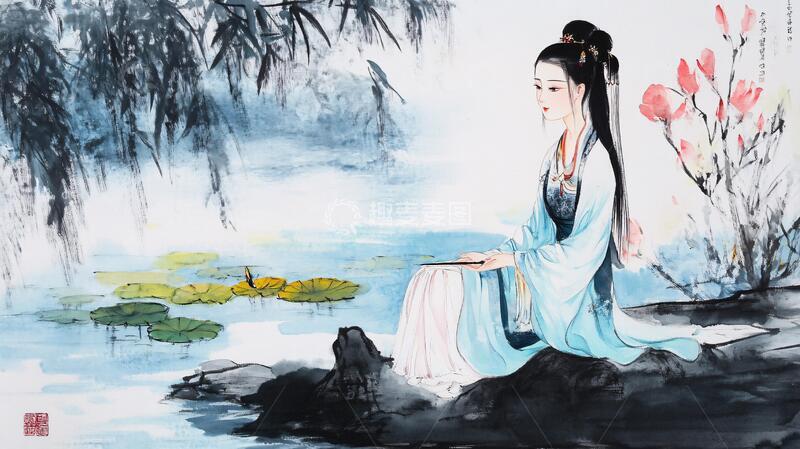 高清大图下载【趣麦麦图】荷花美女画荷花仕女垂柳