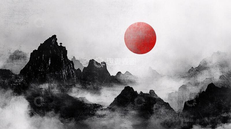 高清大图下载【趣麦麦图】红日水墨山水82