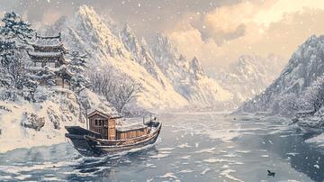 雪天木船古风木船游船