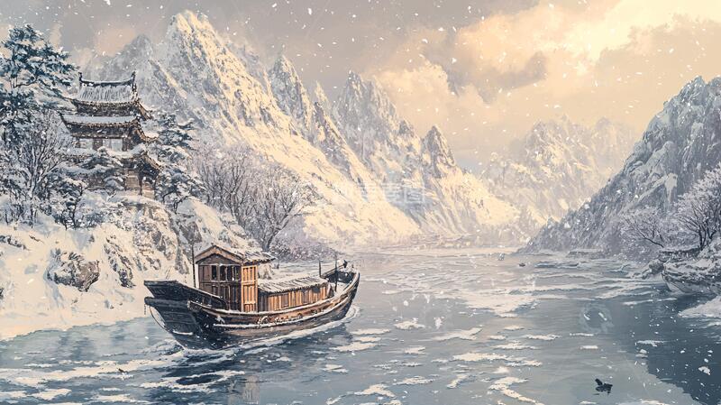 高清大图下载【趣麦麦图】雪天木船古风木船游船