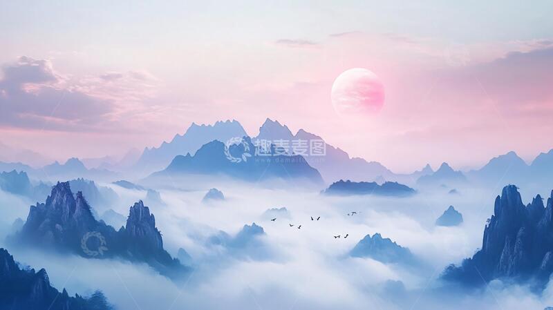 高清大图下载【趣麦麦图】红日水墨山水80