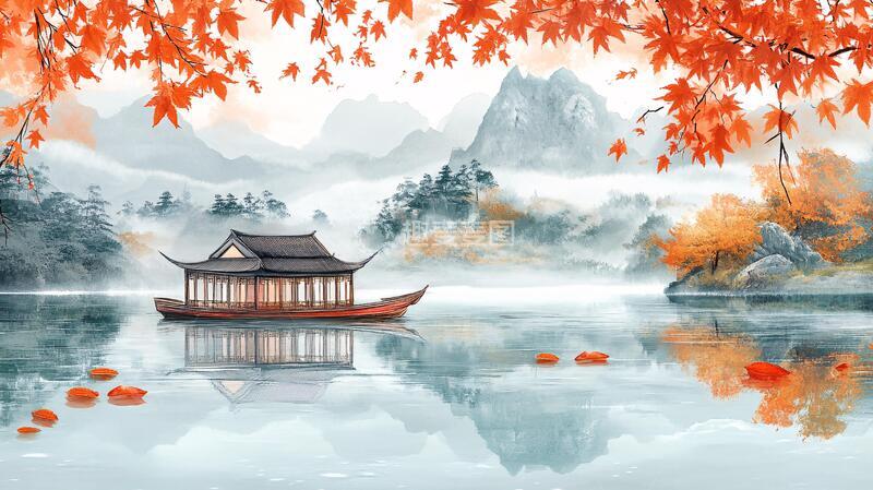 高清大图下载【趣麦麦图】红叶古风山水画7