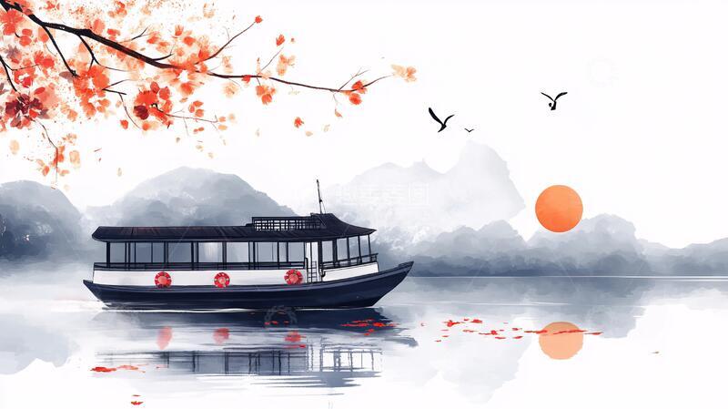 高清大图下载【趣麦麦图】古风游船插画古风红船