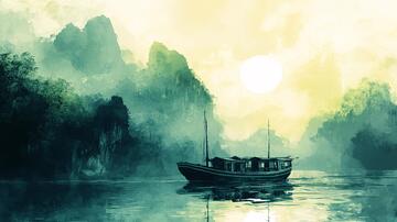 孤舟插画水墨小船渔船