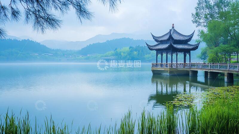 高清大图下载【趣麦麦图】雨中鉴湖山水风光湖中