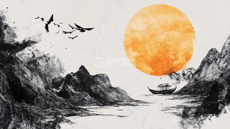 高清大图下载【趣麦麦图】红日水墨山水75