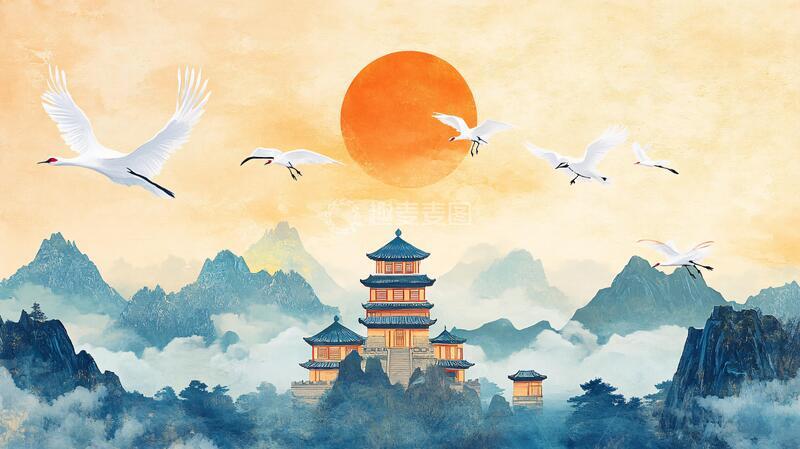 高清大图下载【趣麦麦图】仙鹤楼阁古风山水画10