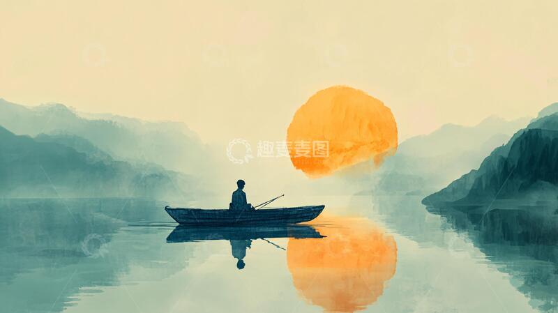 高清大图下载【趣麦麦图】孤舟插画插画禅意意境
