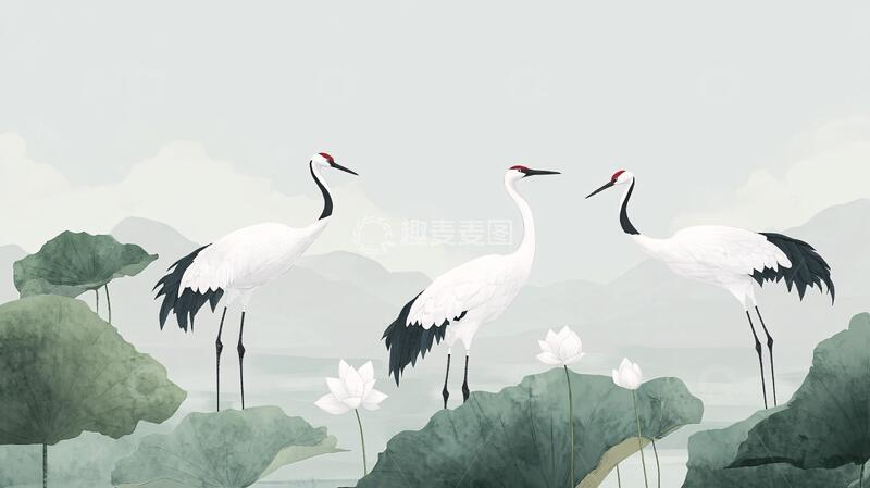 高清大图下载【趣麦麦图】唯美仙鹤风景插画1