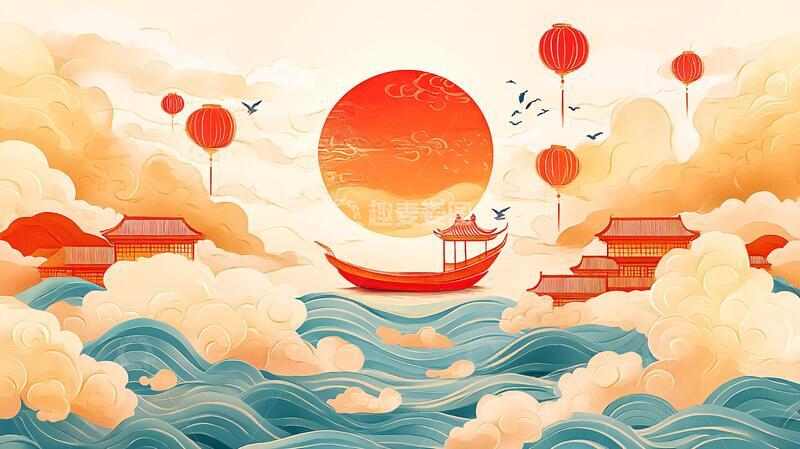 高清大图下载【趣麦麦图】古风海浪包装插画8