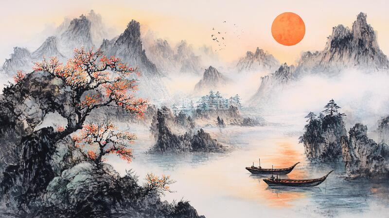 高清大图下载【趣麦麦图】红日水墨山水76