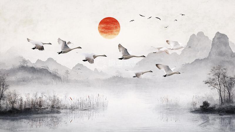 高清大图下载【趣麦麦图】仙鹤古风山水画3