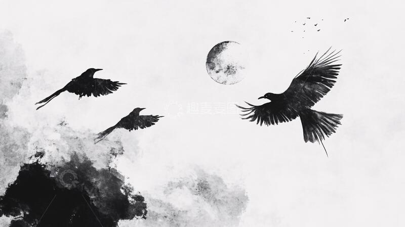 高清大图下载【趣麦麦图】飞鸟水墨图飞鸟山景飞鸽