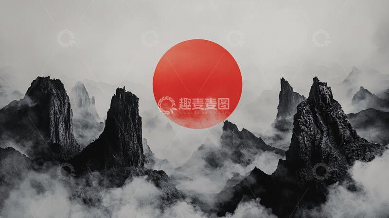 高清大图下载【趣麦麦图】红日水墨山水74