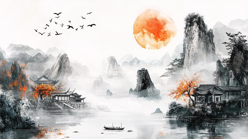 高清大图下载【趣麦麦图】新中式山水描金楼阁画