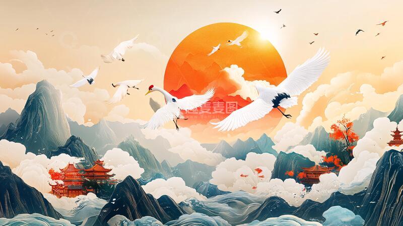 高清大图下载【趣麦麦图】旭日东升仙鹤插画7
