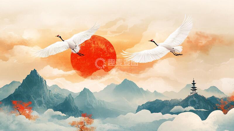 高清大图下载【趣麦麦图】旭日东升仙鹤插画6