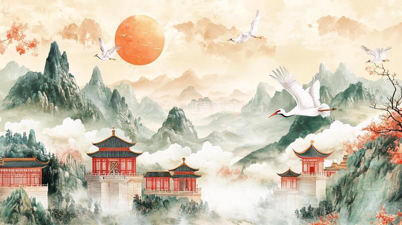 高清大图下载【趣麦麦图】仙鹤楼阁古风山水画8