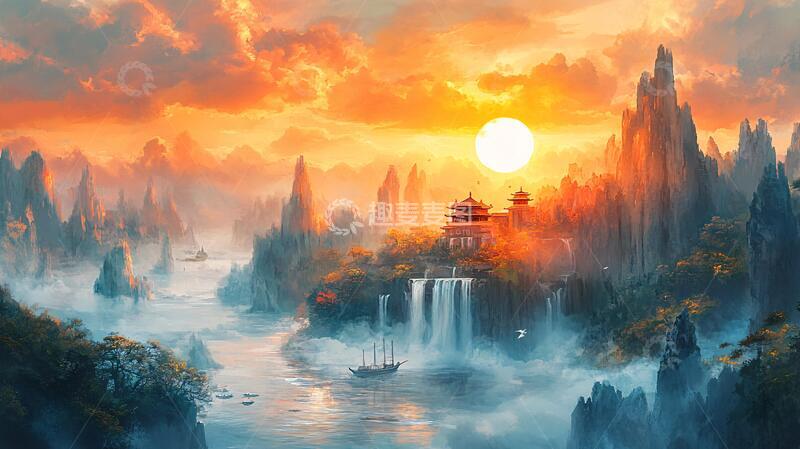 高清大图下载【趣麦麦图】天界晓钟风景插画12