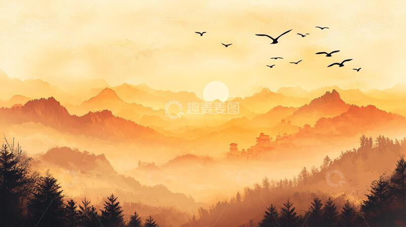高清大图下载【趣麦麦图】群山远山树木日出大雁1