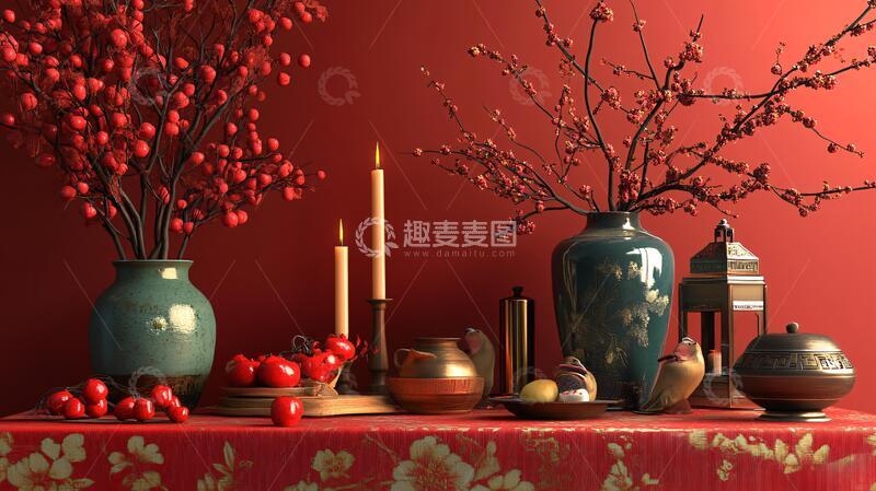 高清大图下载【趣麦麦图】红色新中式花艺7