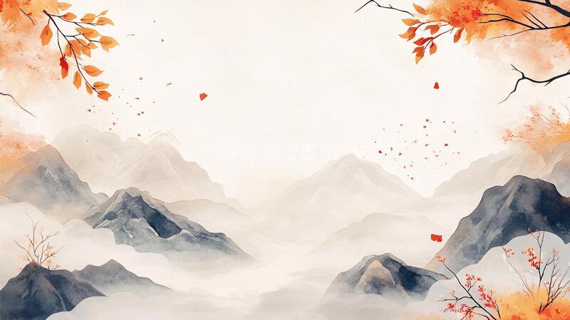 高清大图下载【趣麦麦图】红叶古风山水画6