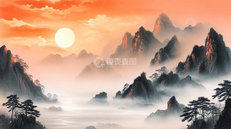 高清大图下载【趣麦麦图】红日水墨山水70