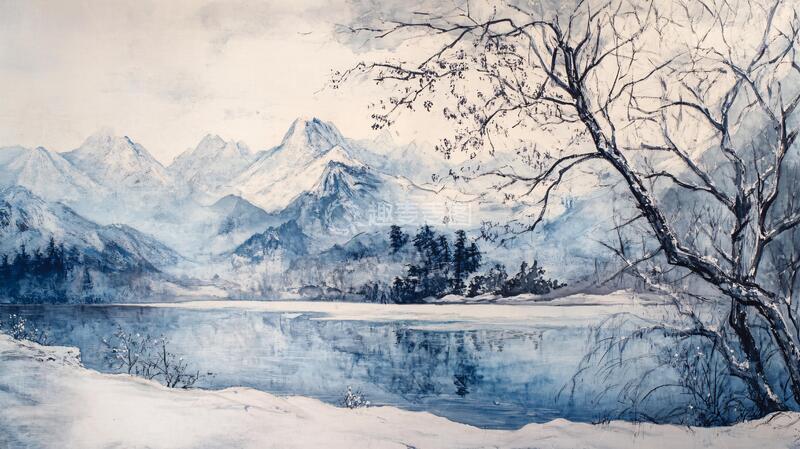 高清大图下载【趣麦麦图】雪山水粉画绘画雪景美术