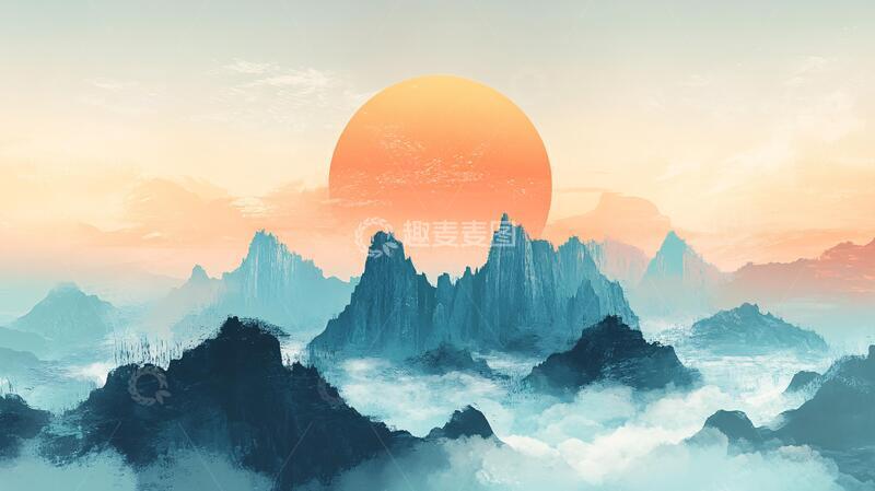 高清大图下载【趣麦麦图】红日水墨山水69