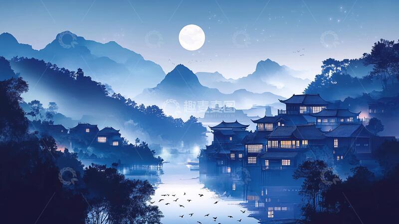高清大图下载【趣麦麦图】古风夜景插画夜景古风
