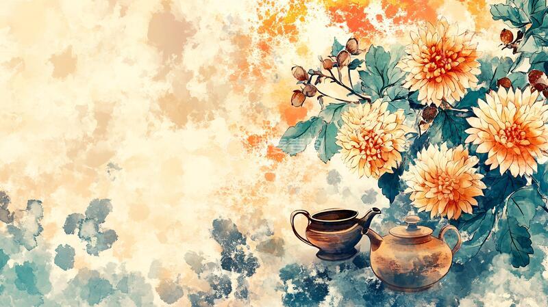 高清大图下载【趣麦麦图】菊花茶装饰画