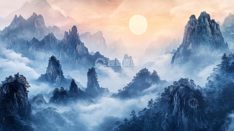 高清大图下载【趣麦麦图】红日水墨山水71